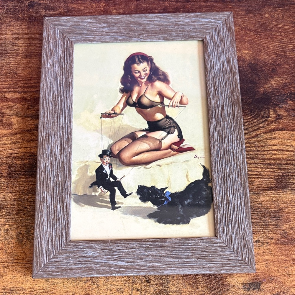 Vtg Gil Elvgren Pin-Up Framed Art "They’re Easy to Handle" 5x7